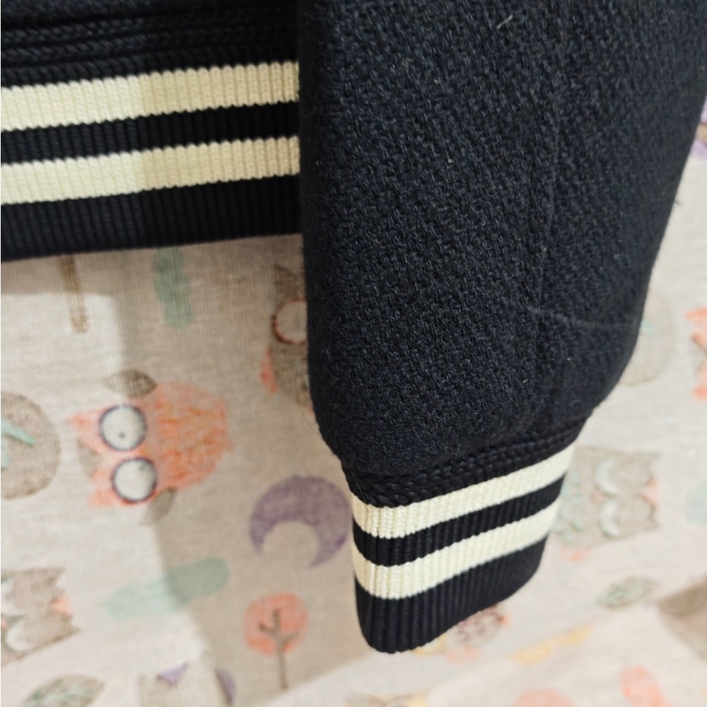 Yves Saint Laurent Black and White Striped Trim Varsity Bomber Jacket - Picture 2 of 13